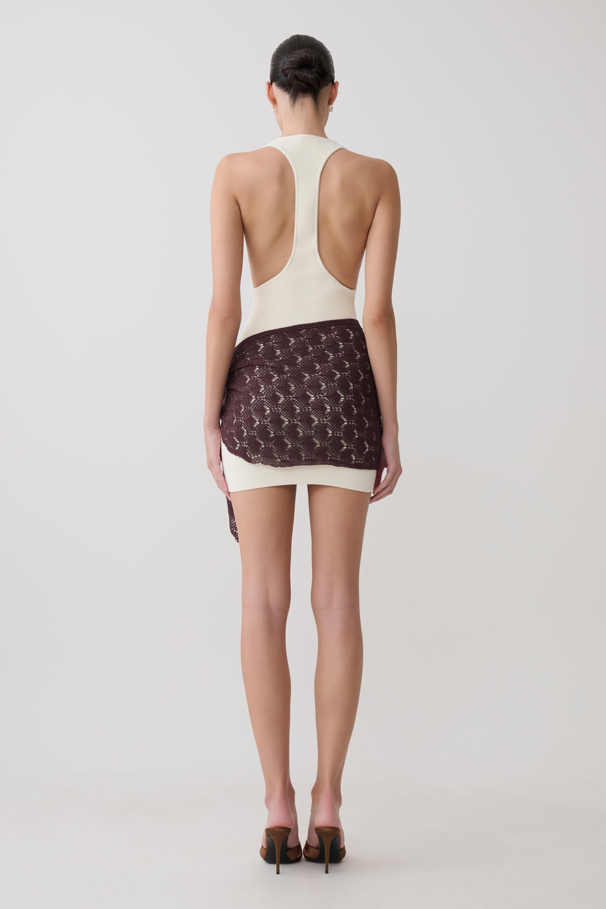 Mollie Mini Dress With Crochet Overlay - White/Chocolate #2