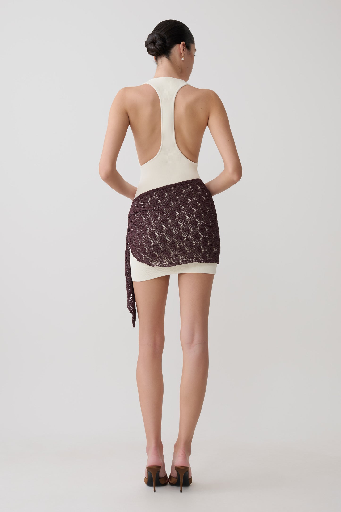 Mollie Mini Dress With Crochet Overlay - White/Chocolate