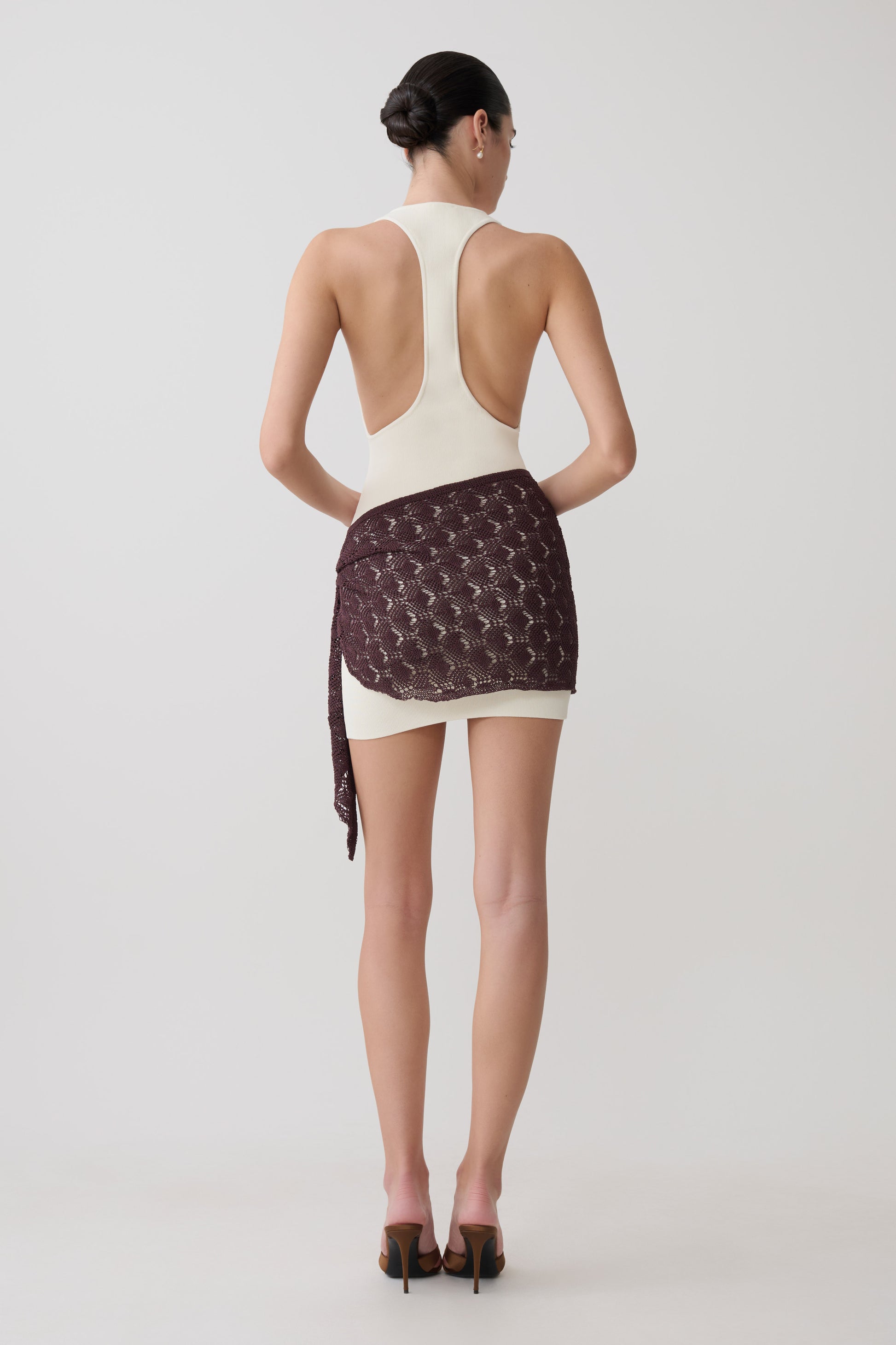 Mollie Mini Dress With Crochet Overlay - White/Chocolate #5