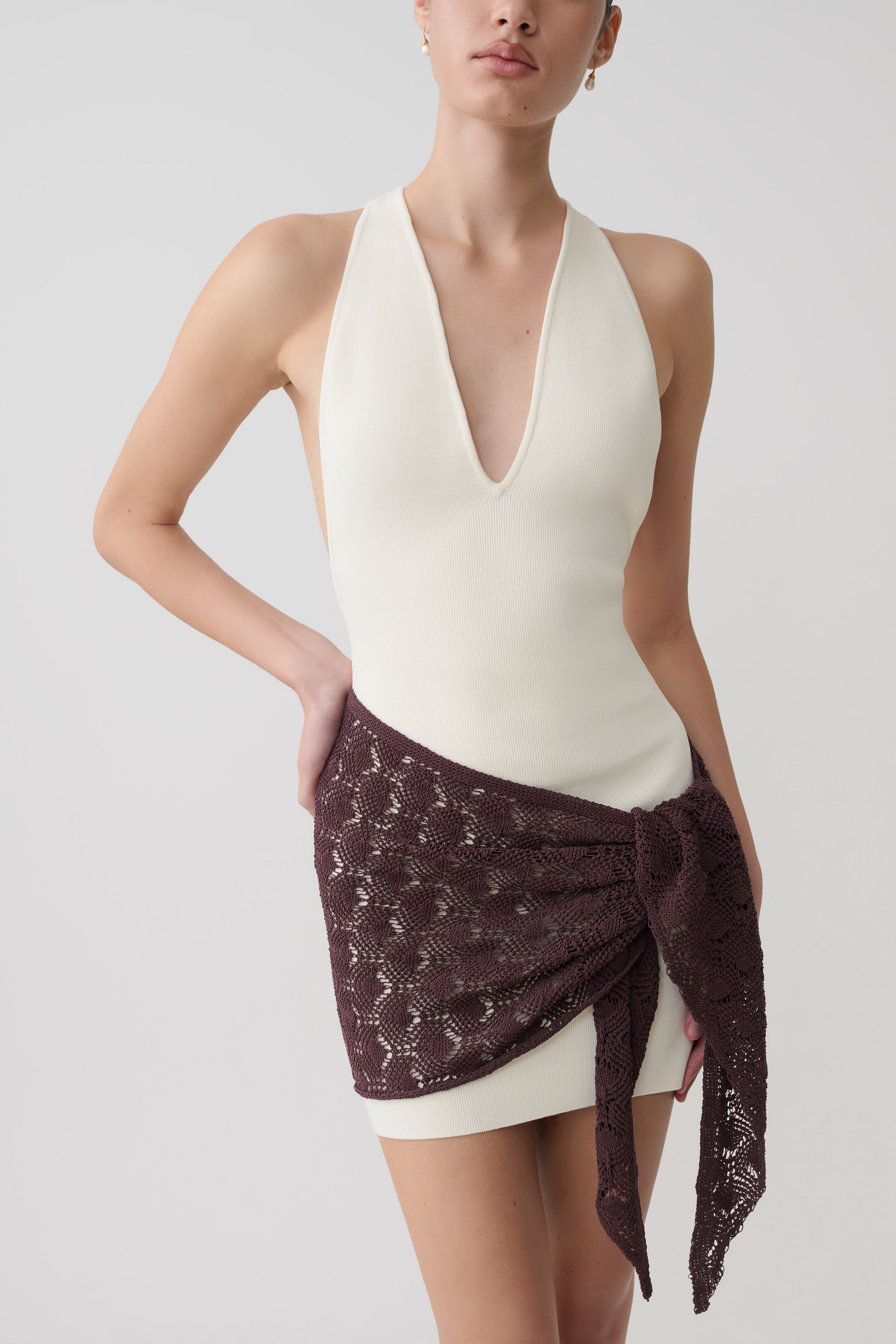 Mollie Mini Dress With Crochet Overlay - White/Chocolate #3