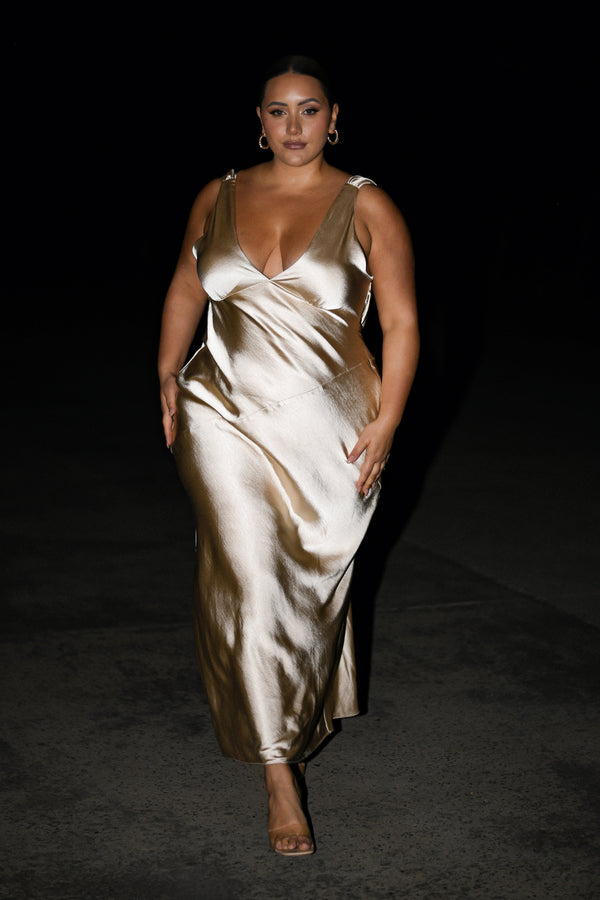 Nadia  Maxi Satin Dress With Back Cowl - Gold - View 5 | Shop Formal Dress