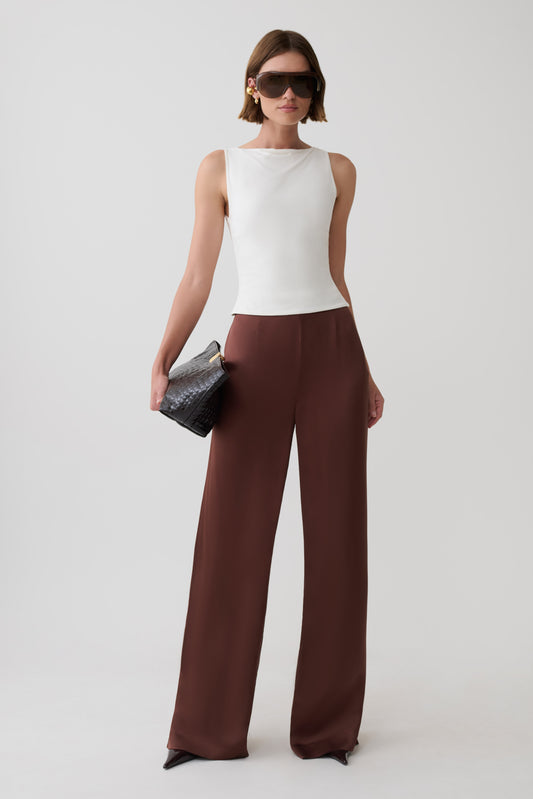 Sydney Straight Leg Satin Pants - Dark Chocolate
