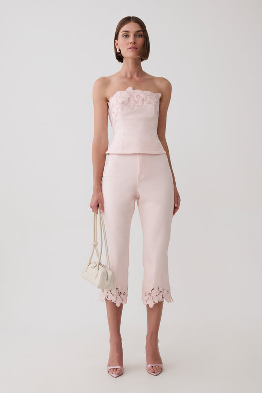 Tillie Flower Embroidery Denim Capris - Baby Pink