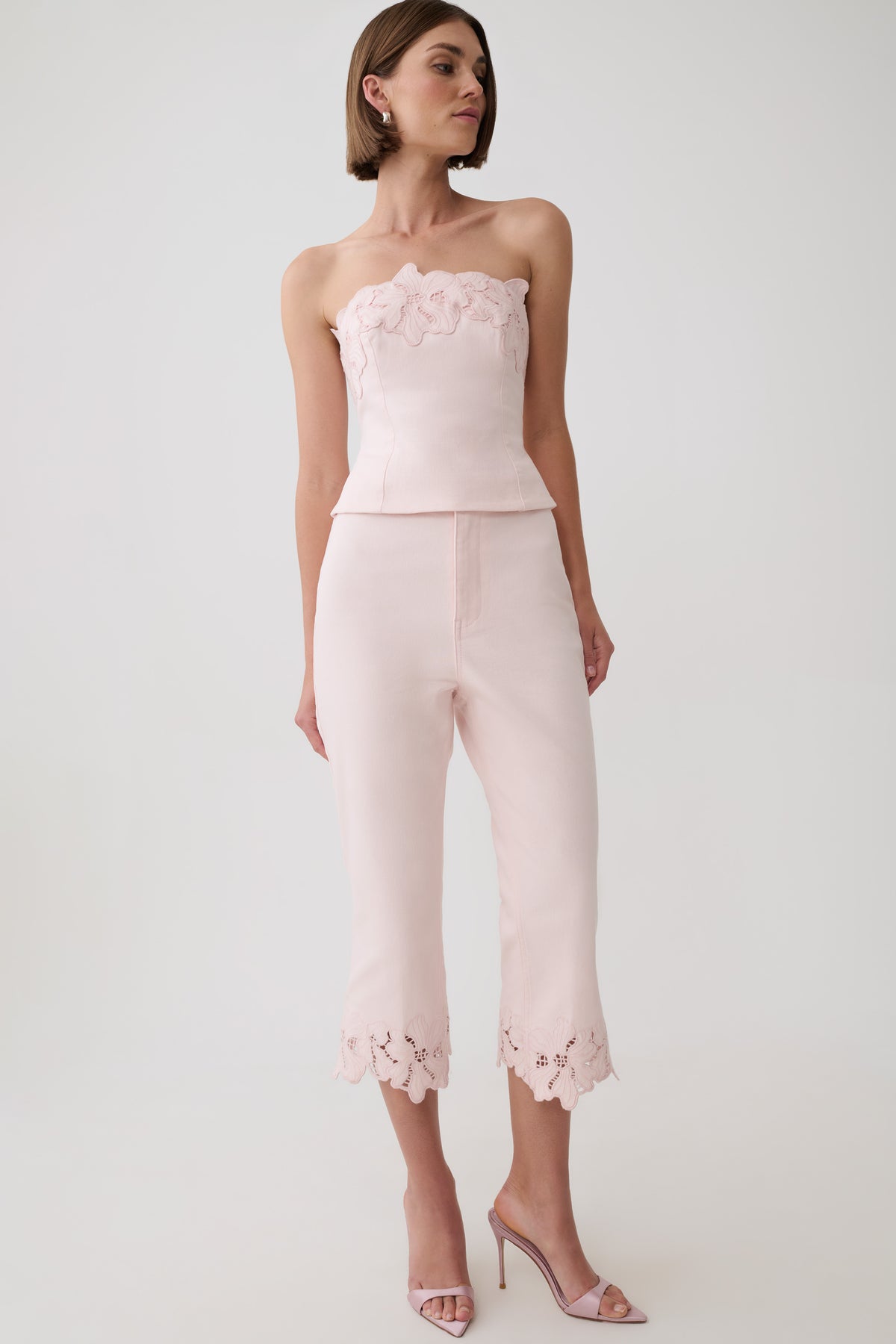 Tillie Flower Embroidery Denim Capris - Baby Pink #4