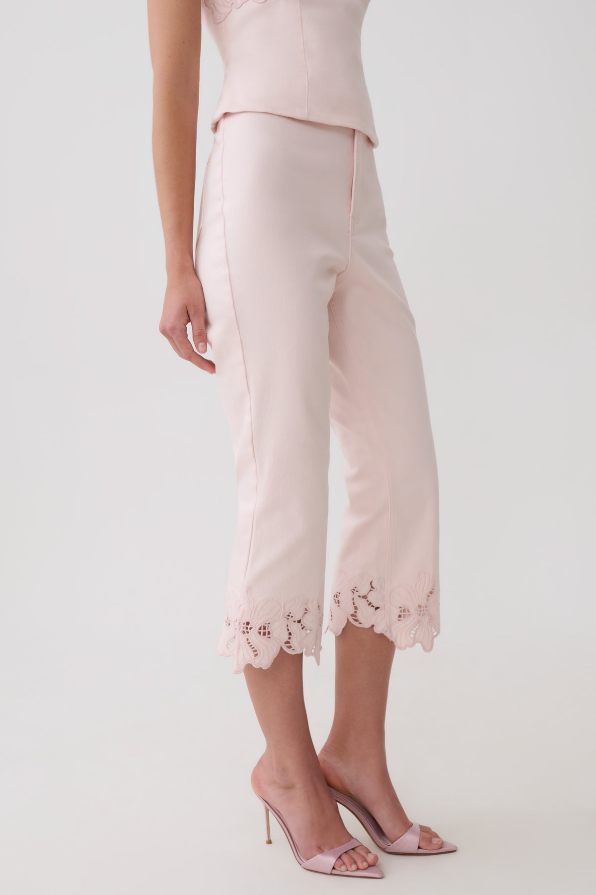 Tillie Flower Embroidery Denim Capris - Baby Pink #6