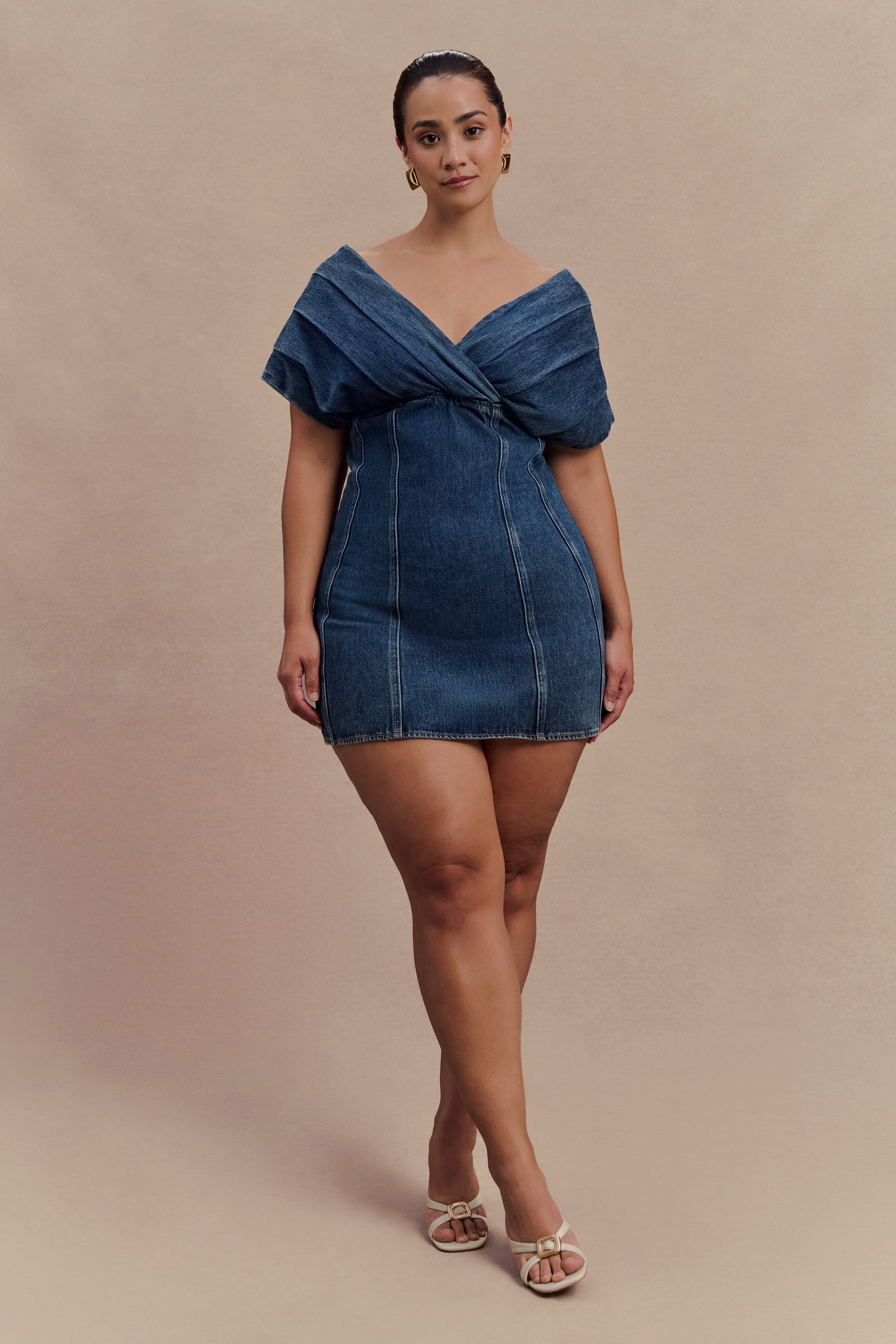 Pascale Off Shoulder Denim Mini Dress - Washed Dark Blue #5