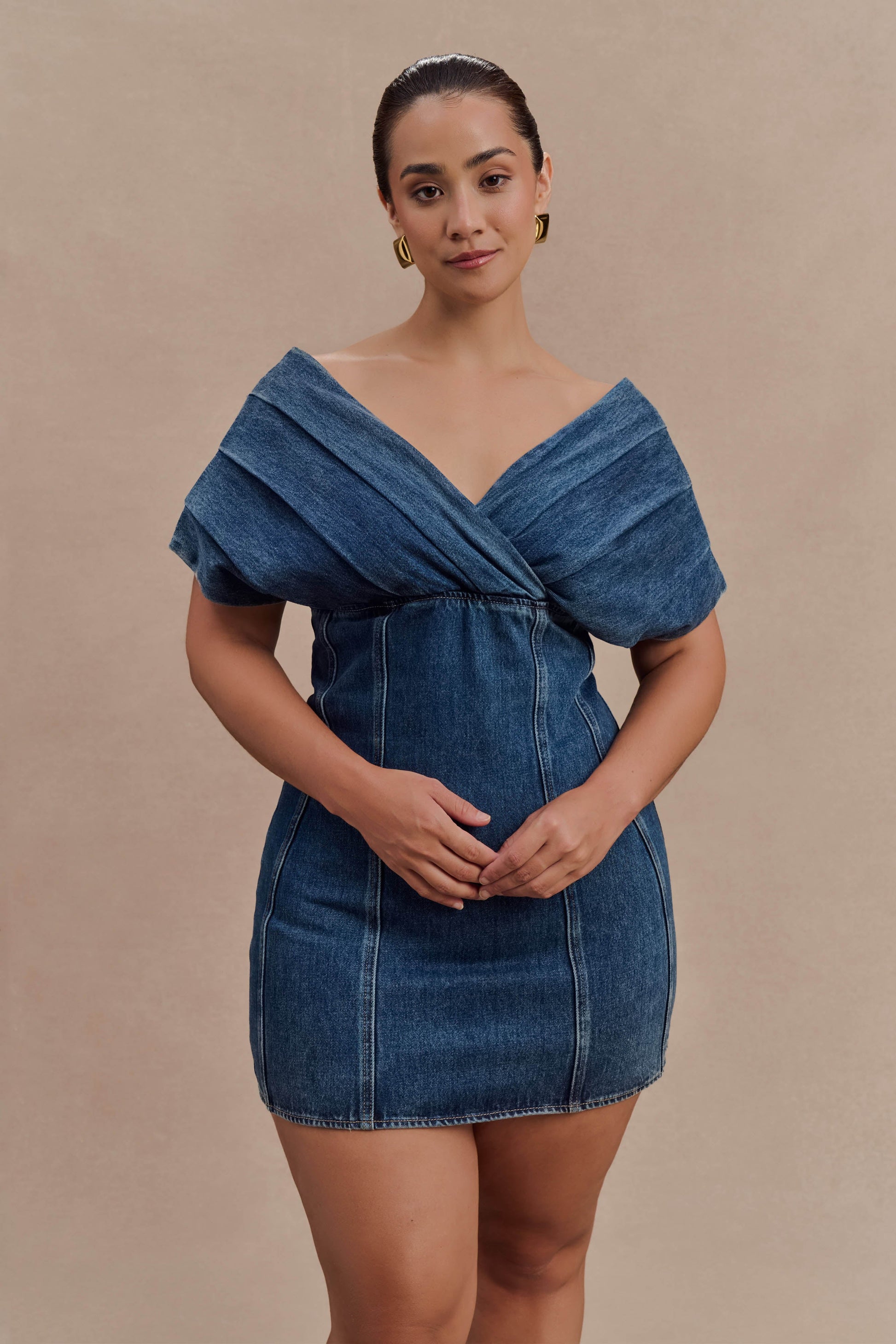 Pascale Off Shoulder Denim Mini Dress - Washed Dark Blue #8