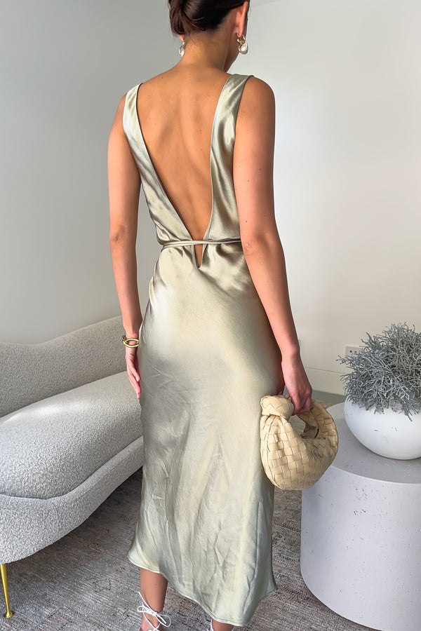 Shop Formal Dress - Elouise  Tie Around Satin Midi Dress - Sage secondary image