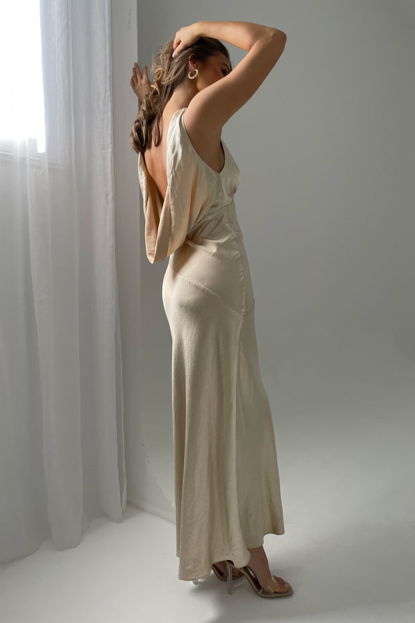 Shop Formal Dress - Nadia  Maxi Satin Dress With Back Cowl - Gold fourth image