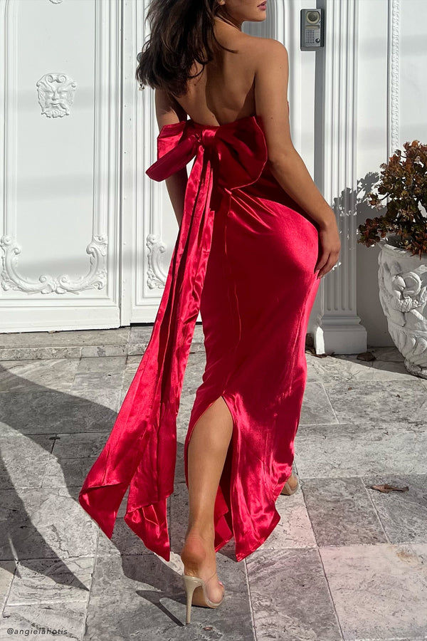High Neck Short Sleeve Red Satin Evening Prom Dress - VQ