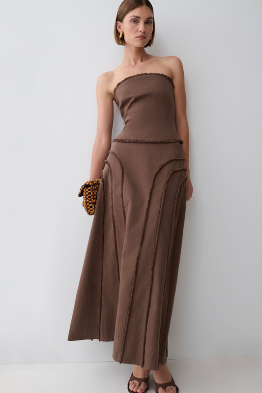 Annie Linen Frayed Midi Skirt - Dark Chocolate