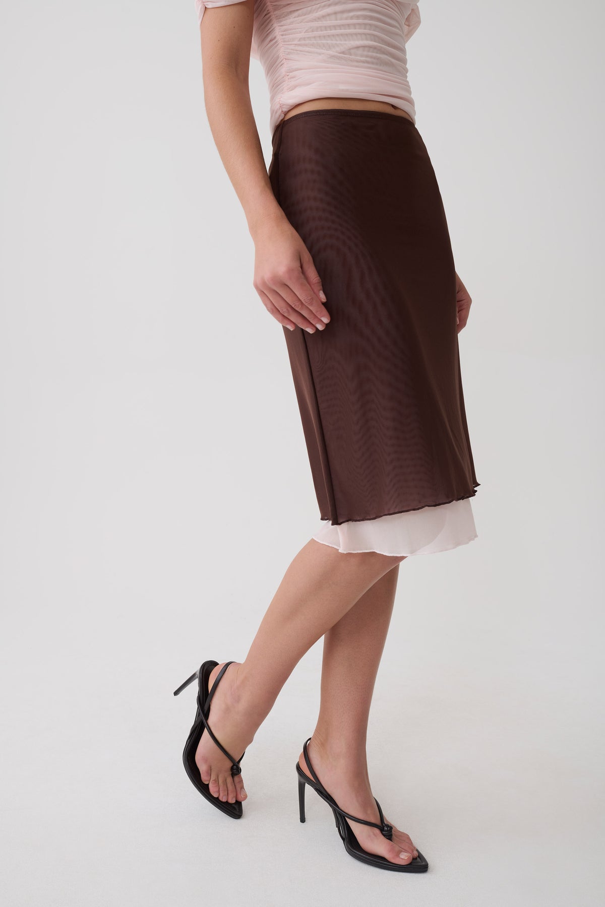 Janet Mesh Midi Skirt - Pale Pink/Chocolate
