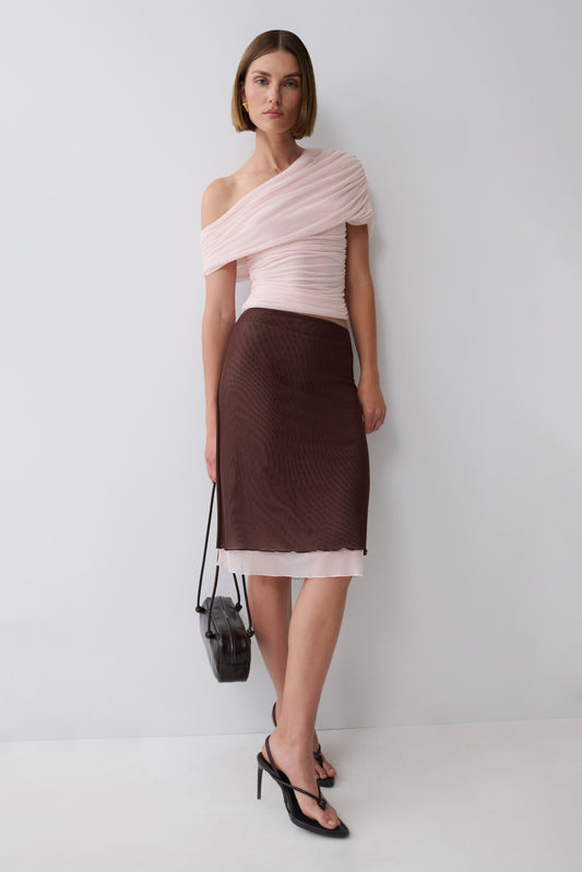 Janet Mesh Midi Skirt - Pale Pink/Chocolate