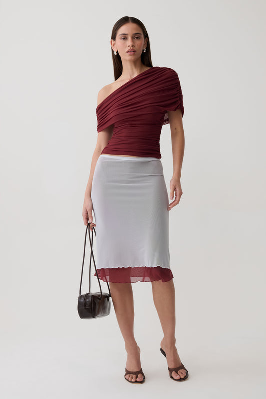 Janet Mesh Midi Skirt - Wine/Pale Blue
