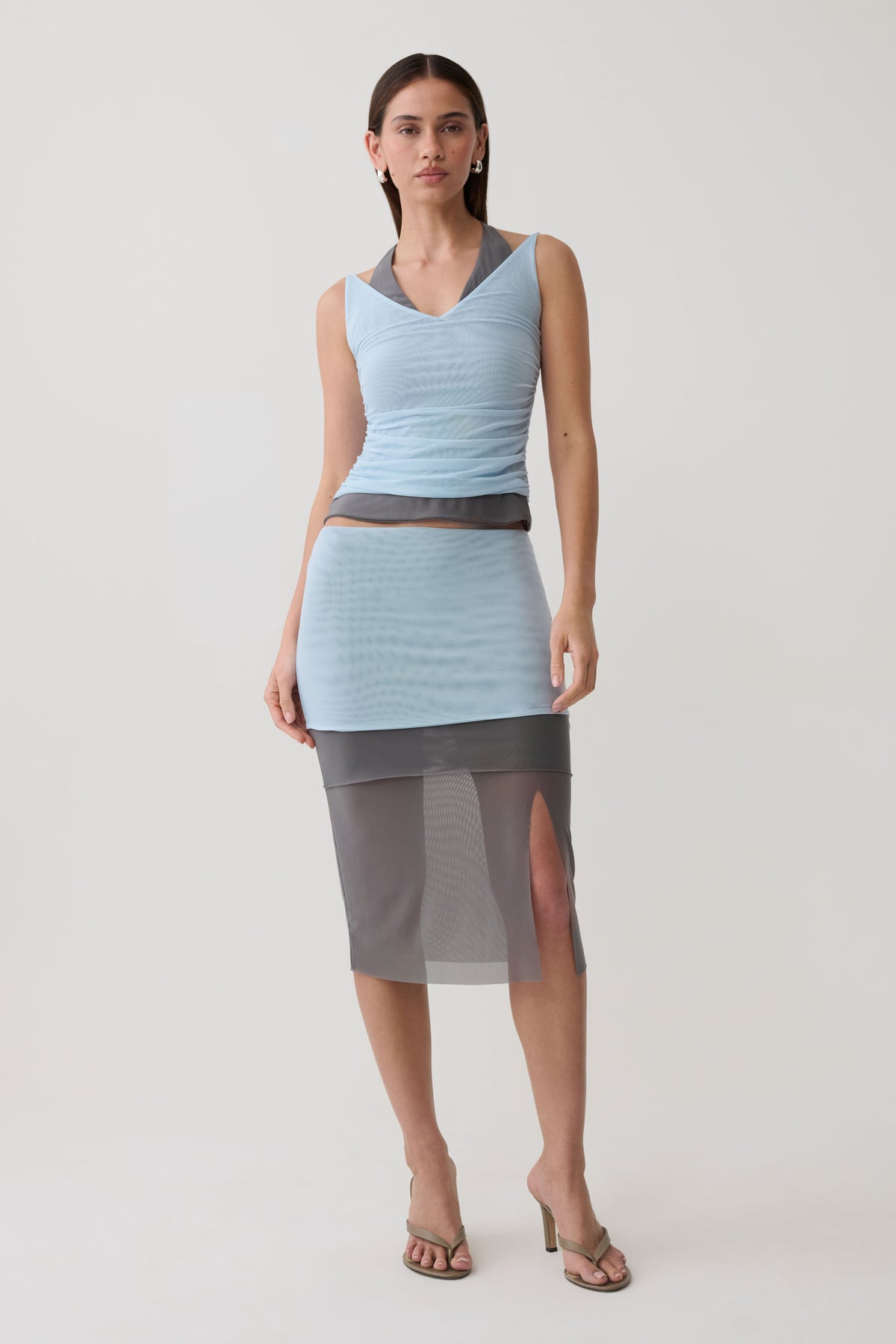 Arielle Mesh Layered Midi Skirt - Pale Blue/Navy #4