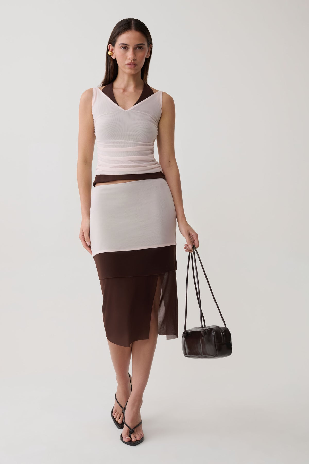 Arielle Mesh Layered Midi Skirt - Blush Pink/Chocolate #2