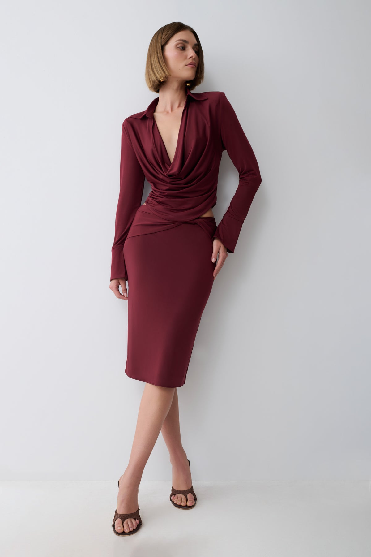 Svetlana Twist Side Detail Midi Skirt - Wine #3