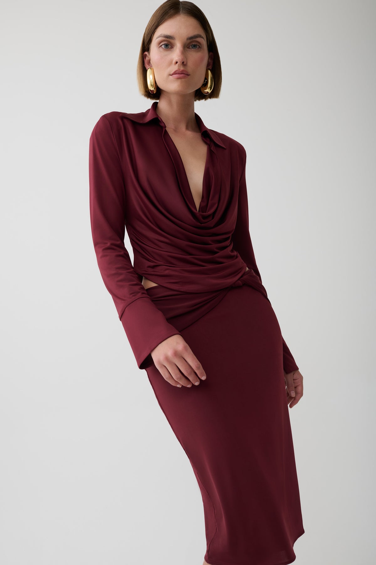 Svetlana Twist Side Detail Midi Skirt - Wine #2