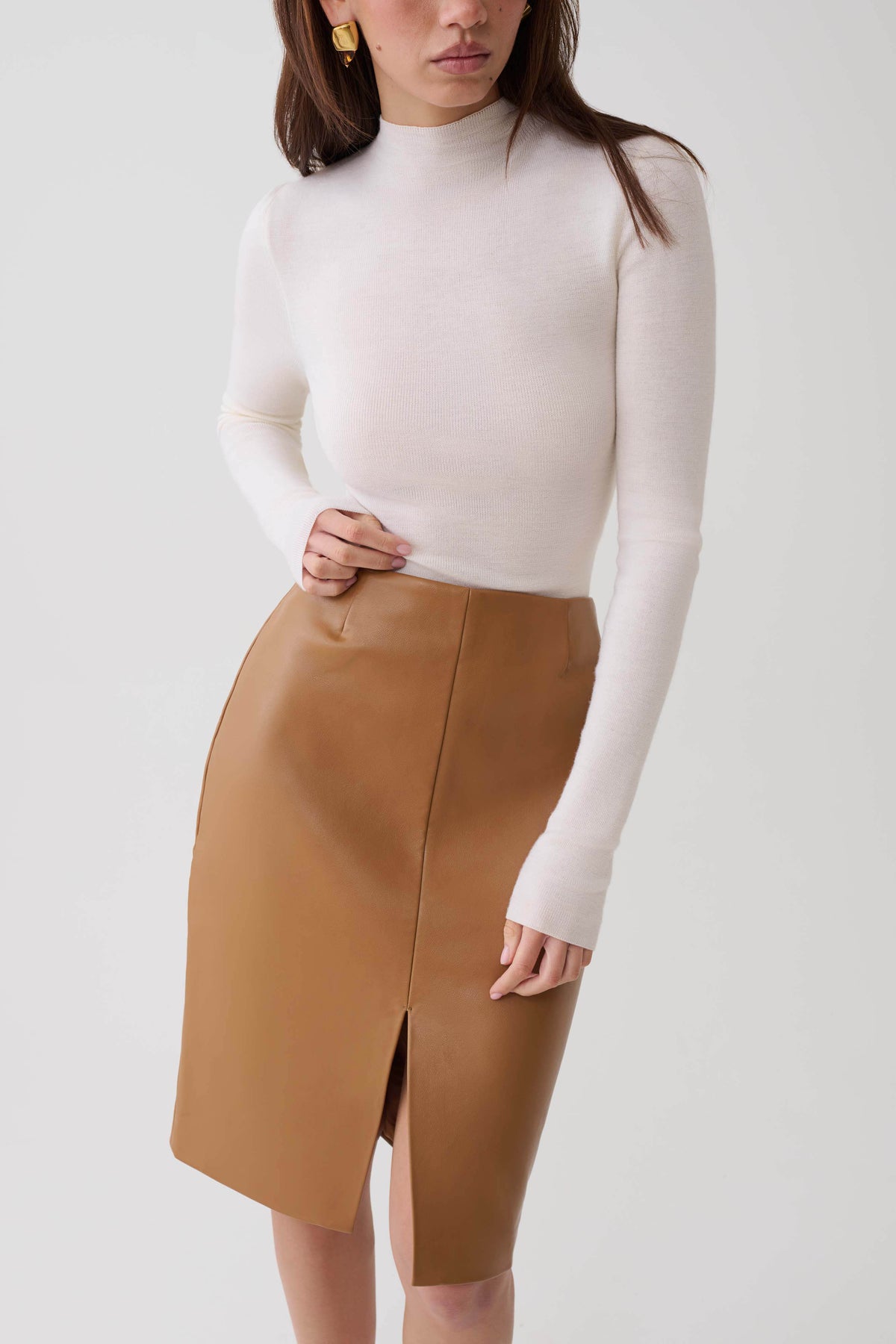 Alexis Faux Leather Midi Skirt - Cognac