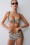 A model wearing a brown and beige zebra-print bikini set with dark olive green straps, styled with black sunglasses and gold earrings against a light gray background.