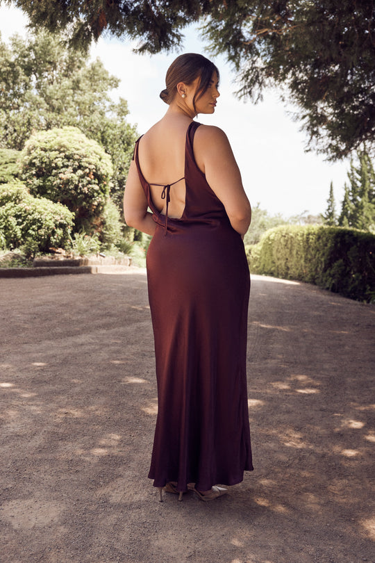 Shop Formal Dress - Annalise  Satin Maxi Dress With Tie - Plum featured image