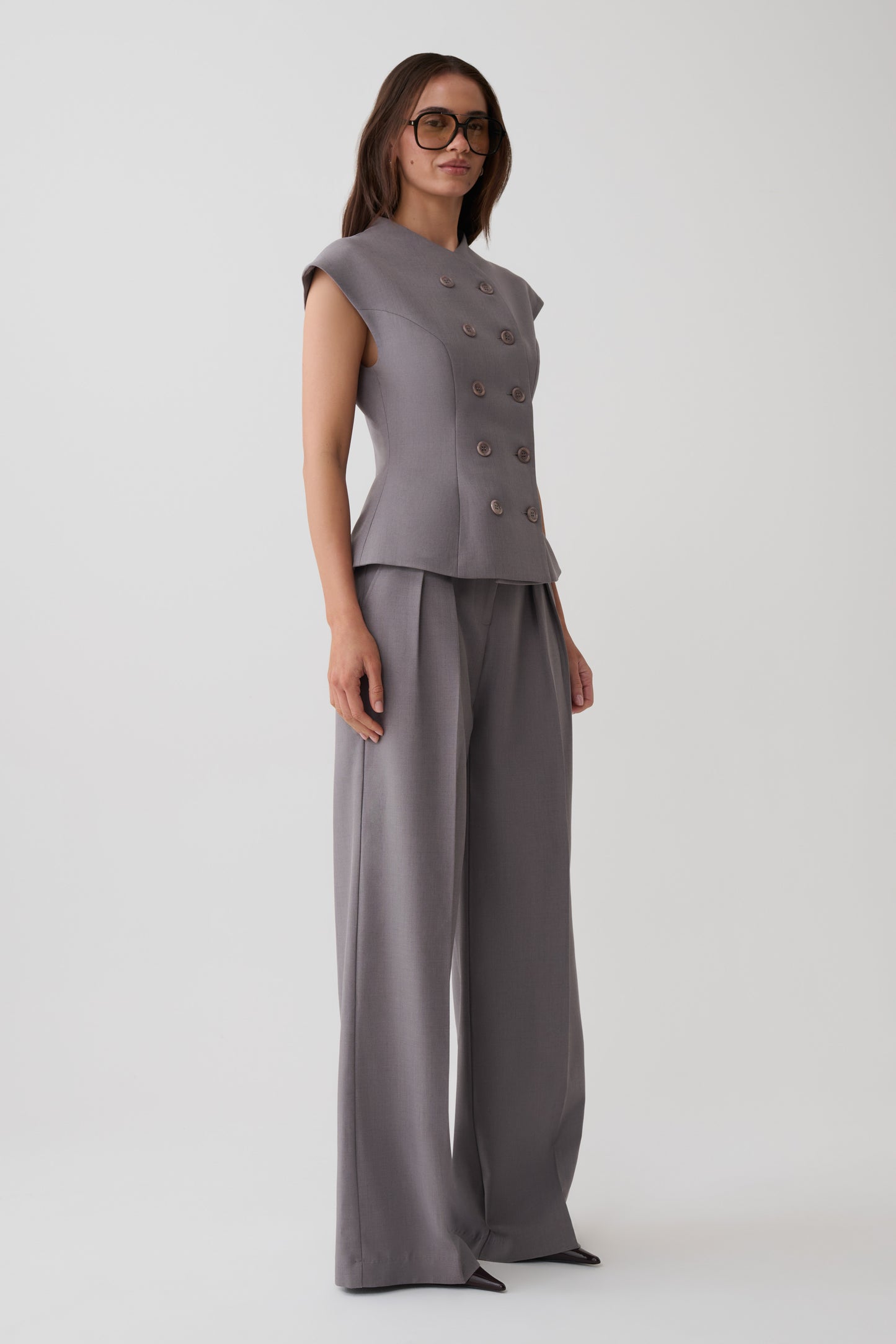 Phoebe Double Breasted Vest - Light Grey Marle