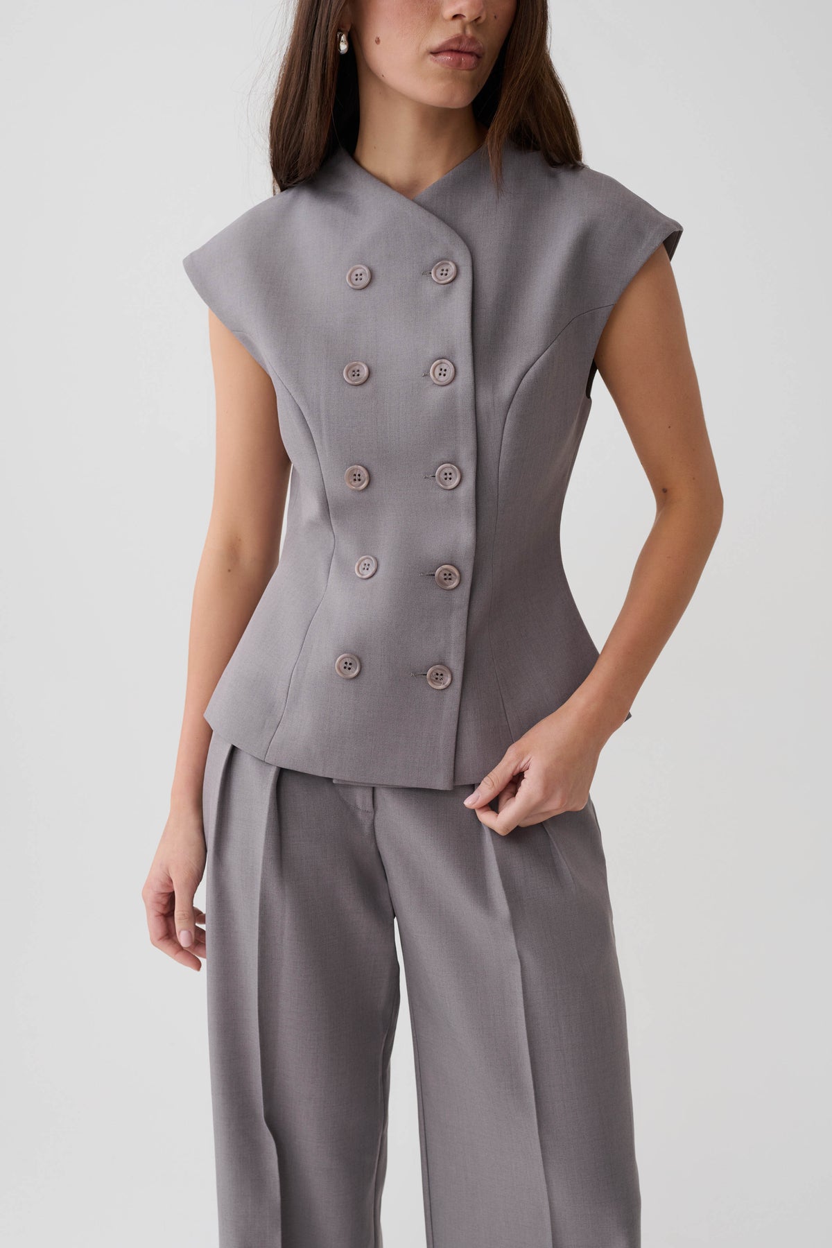 Phoebe Double Breasted Vest - Light Grey Marle