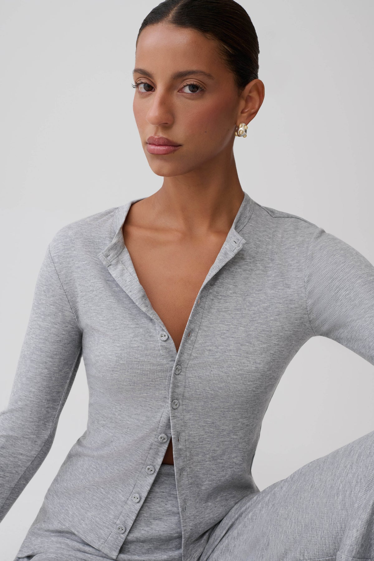 Evadne Button Down Jersey Cardigan - Grey Marle #3
