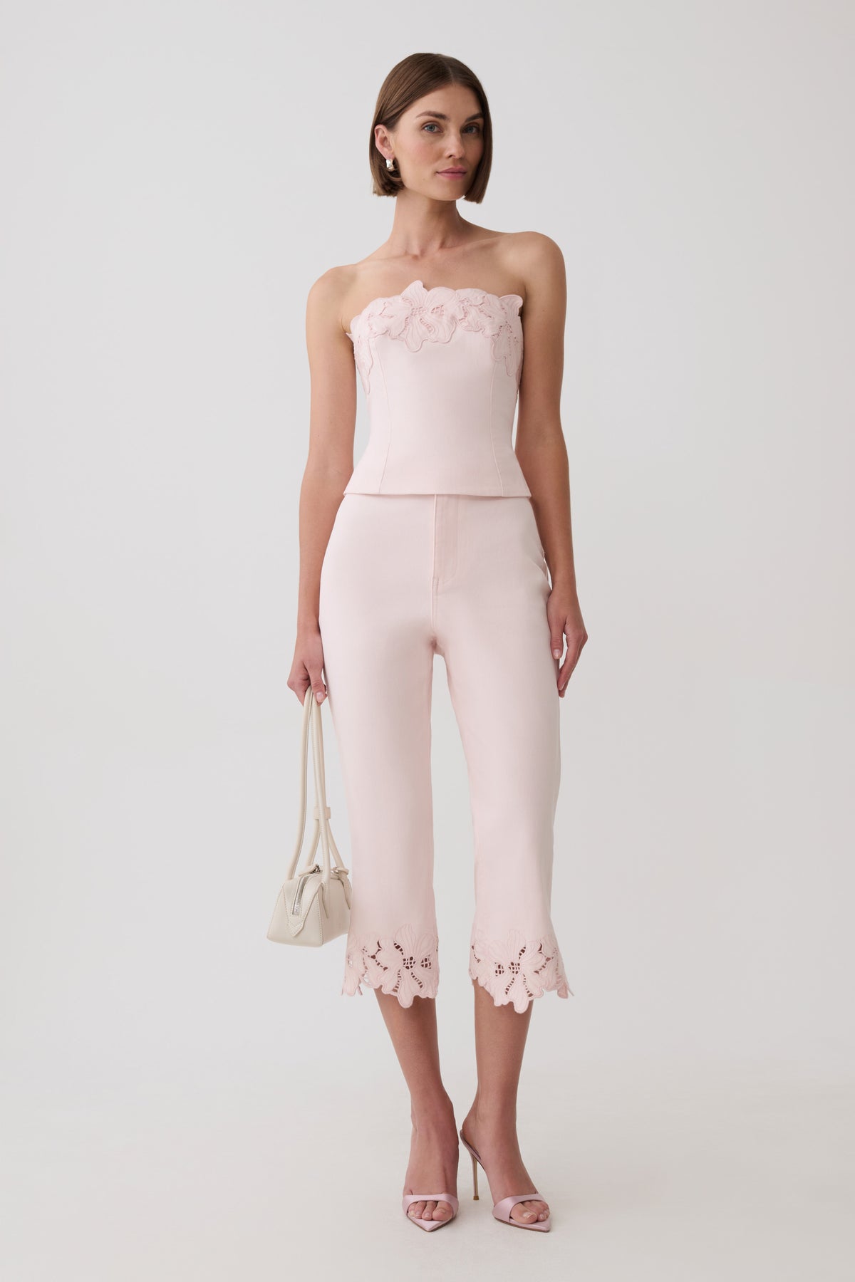 Tillie Flower Embroidery Strapless Denim Top - Baby Pink #6