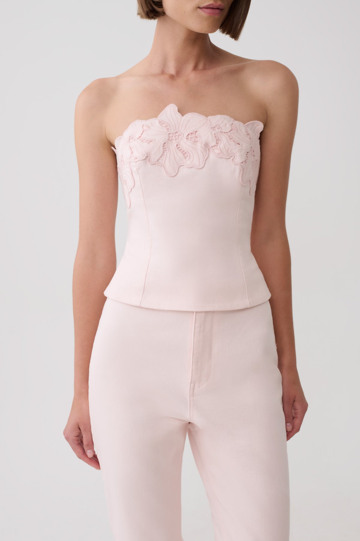 Tillie Flower Embroidery Strapless Denim Top - Baby Pink #4