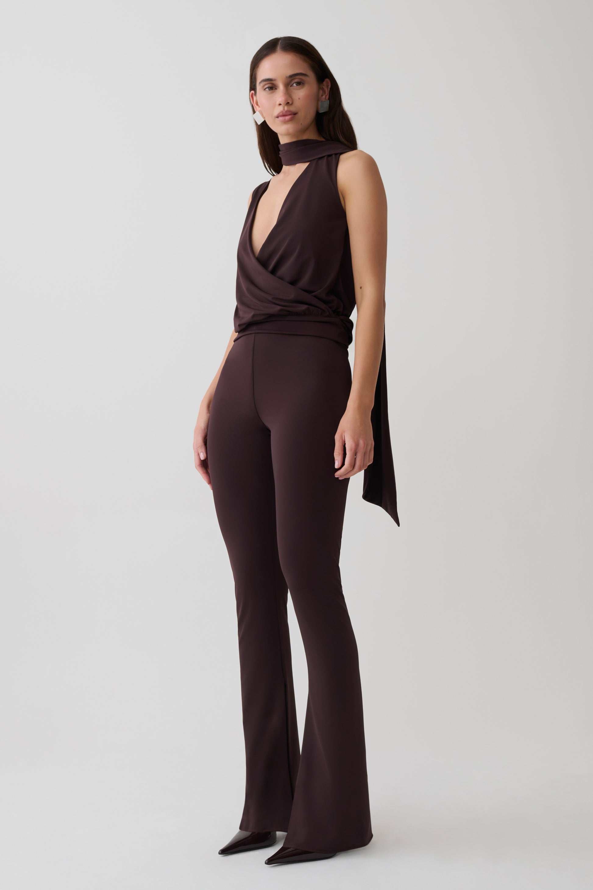 Raisa Overlap Top With Neck Scarf - Chocolate #4