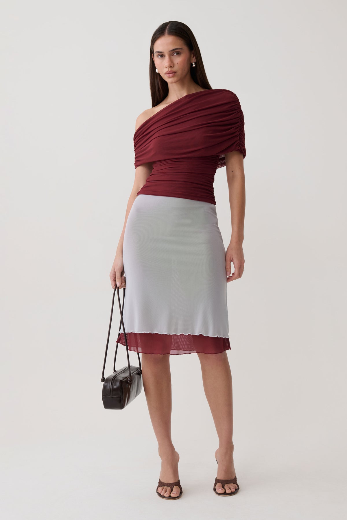 Arina Fluid Loose Neck Jersey Mesh Top - Wine #4