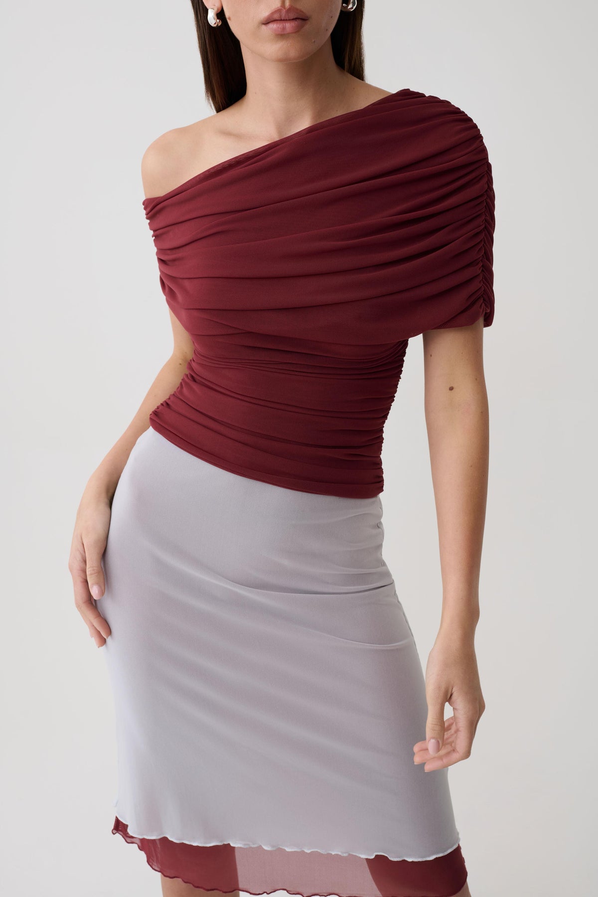 Arina Fluid Loose Neck Jersey Mesh Top - Wine #3
