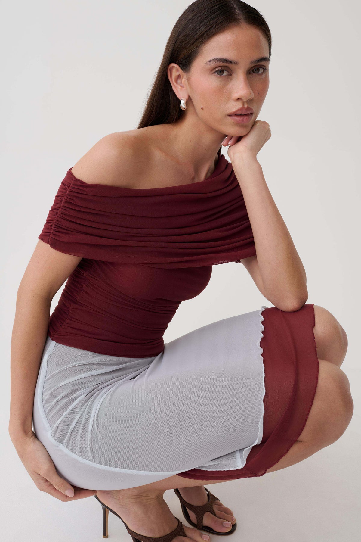 Arina Fluid Loose Neck Jersey Mesh Top - Wine #5