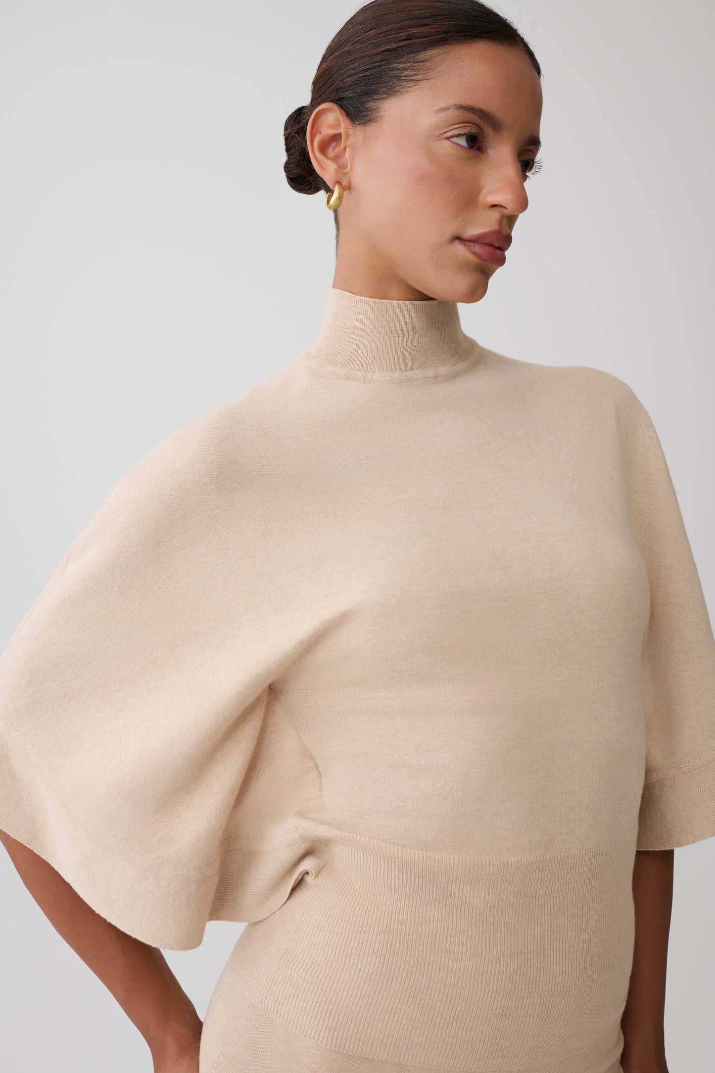 Helania High Neck Knit Top - Oat Marle