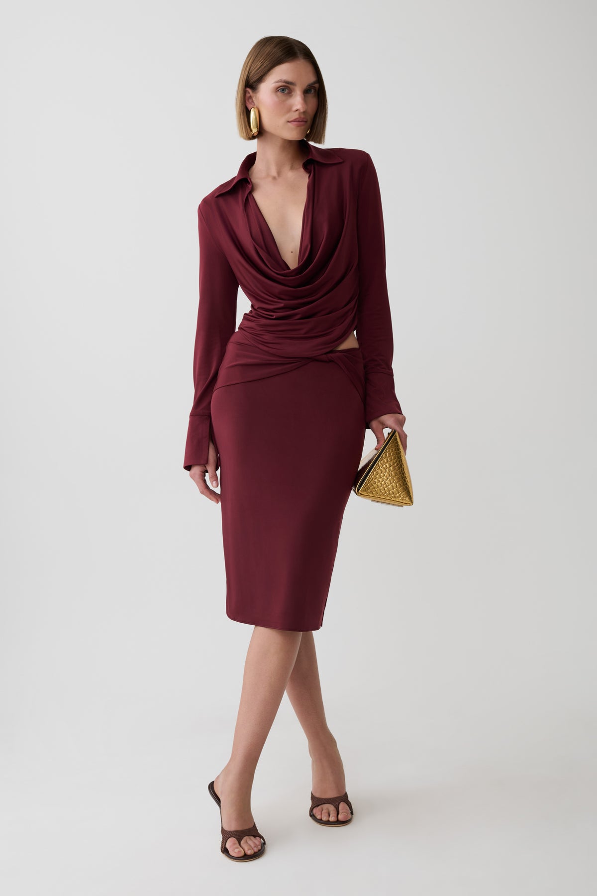 Elmira Long Sleeve Slinky Gather Detail Top - Wine #4