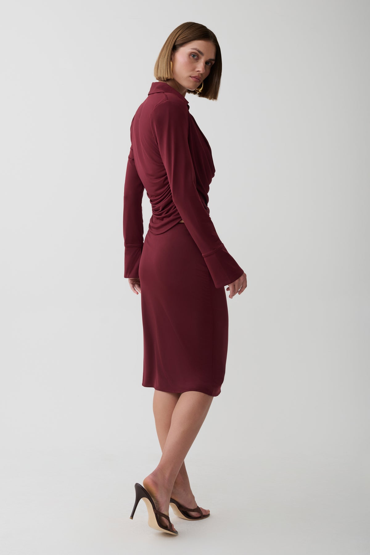 Elmira Long Sleeve Slinky Gather Detail Top - Wine #2