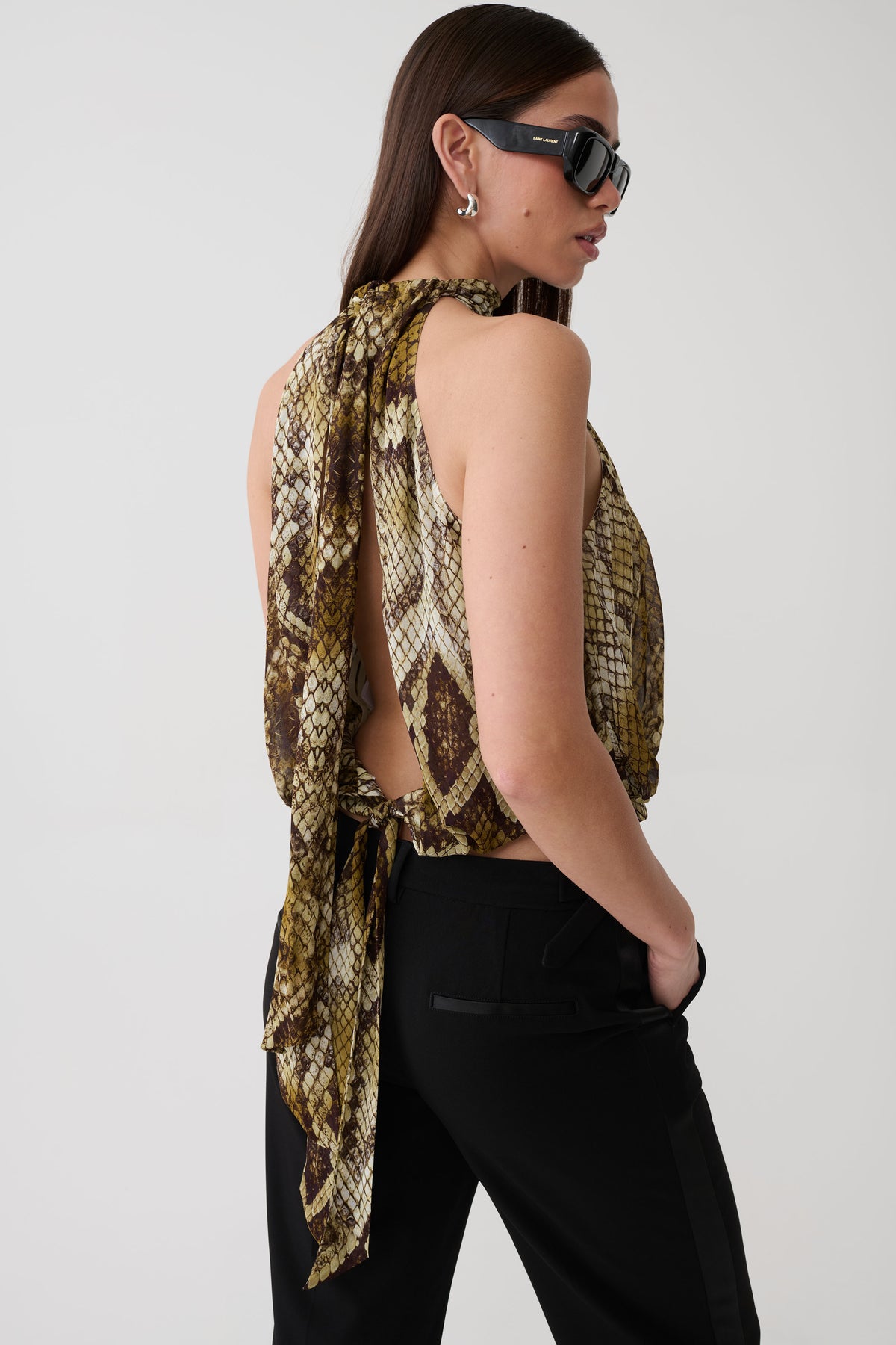 Eliana Tie Back Chiffon Sleeveless Top - Snake Print