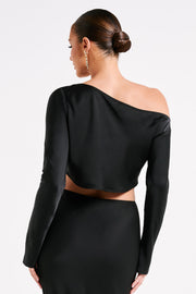 Violeta One Shoulder Satin Top - Black