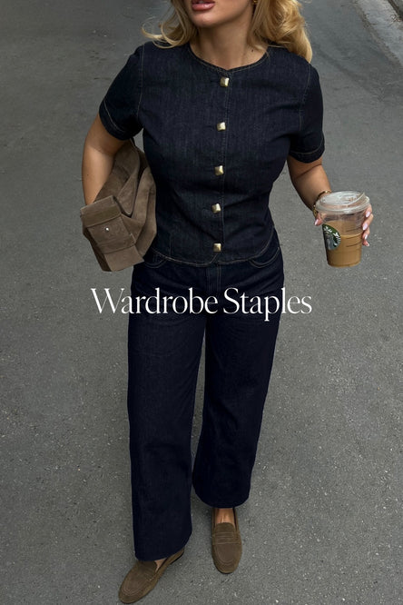 Woman in a denim set.