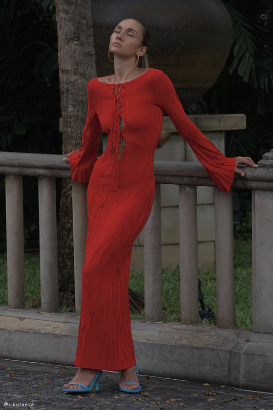 Brinley Long Sleeve Knit Maxi Dress - Red