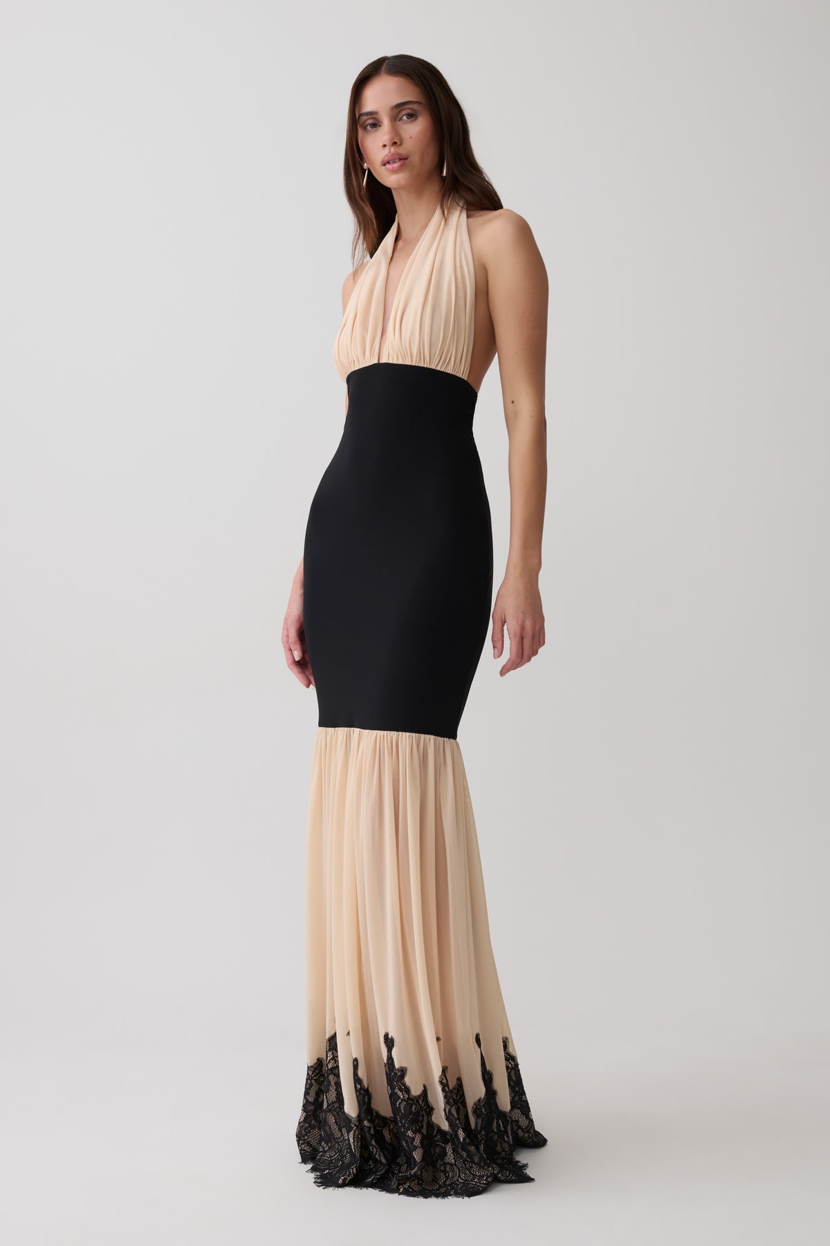 Leeana Jersey And Lace Halter Maxi Dress - Black/Nude #4