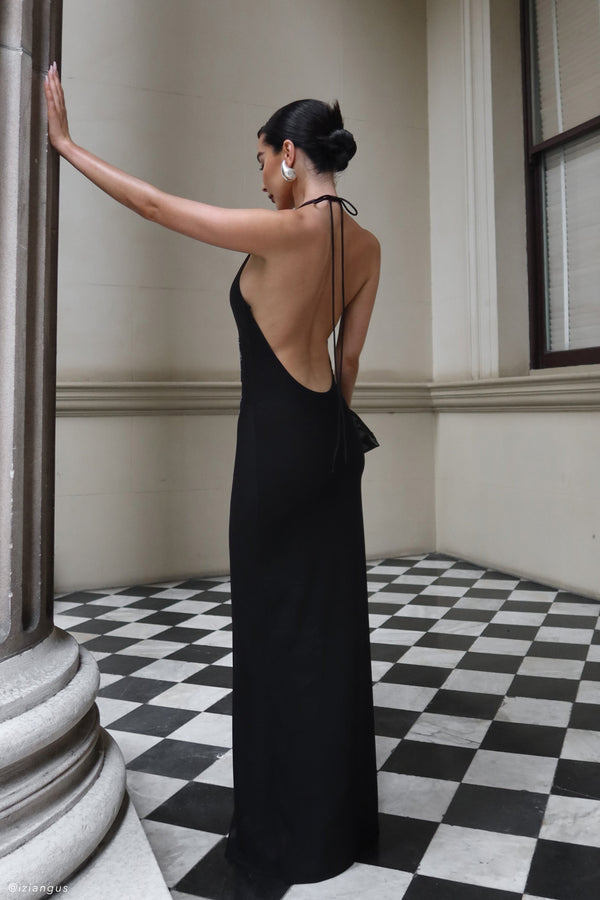 Maya Beaded Mesh Maxi Dress - Black