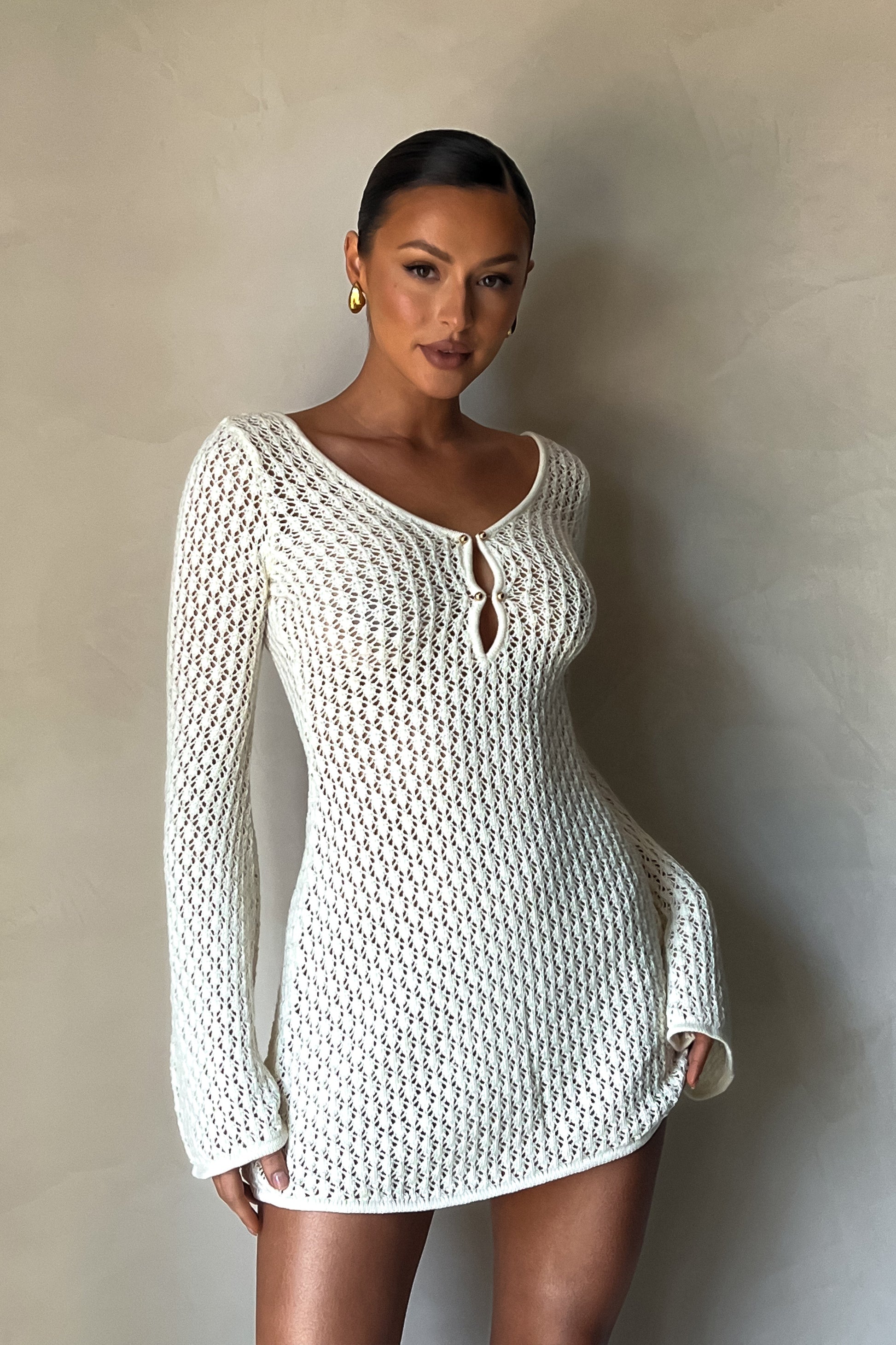 Kayleigh Crochet Knit Mini Dress - White | MESHKI Kayleigh Crochet Knit Mini Dress - White | MESHKI