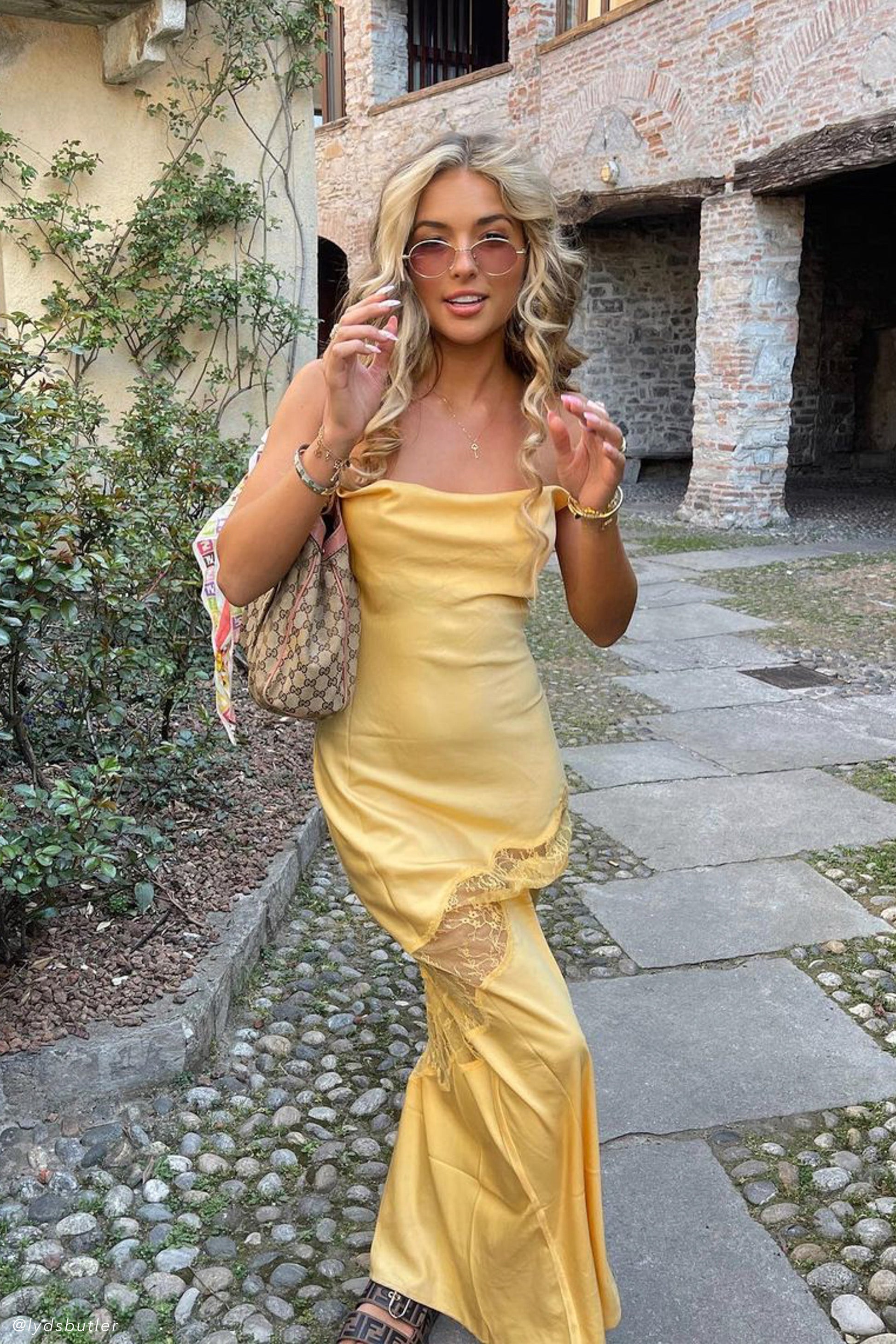 Chandra Lace Detail Satin Maxi Dress - Lemon #10