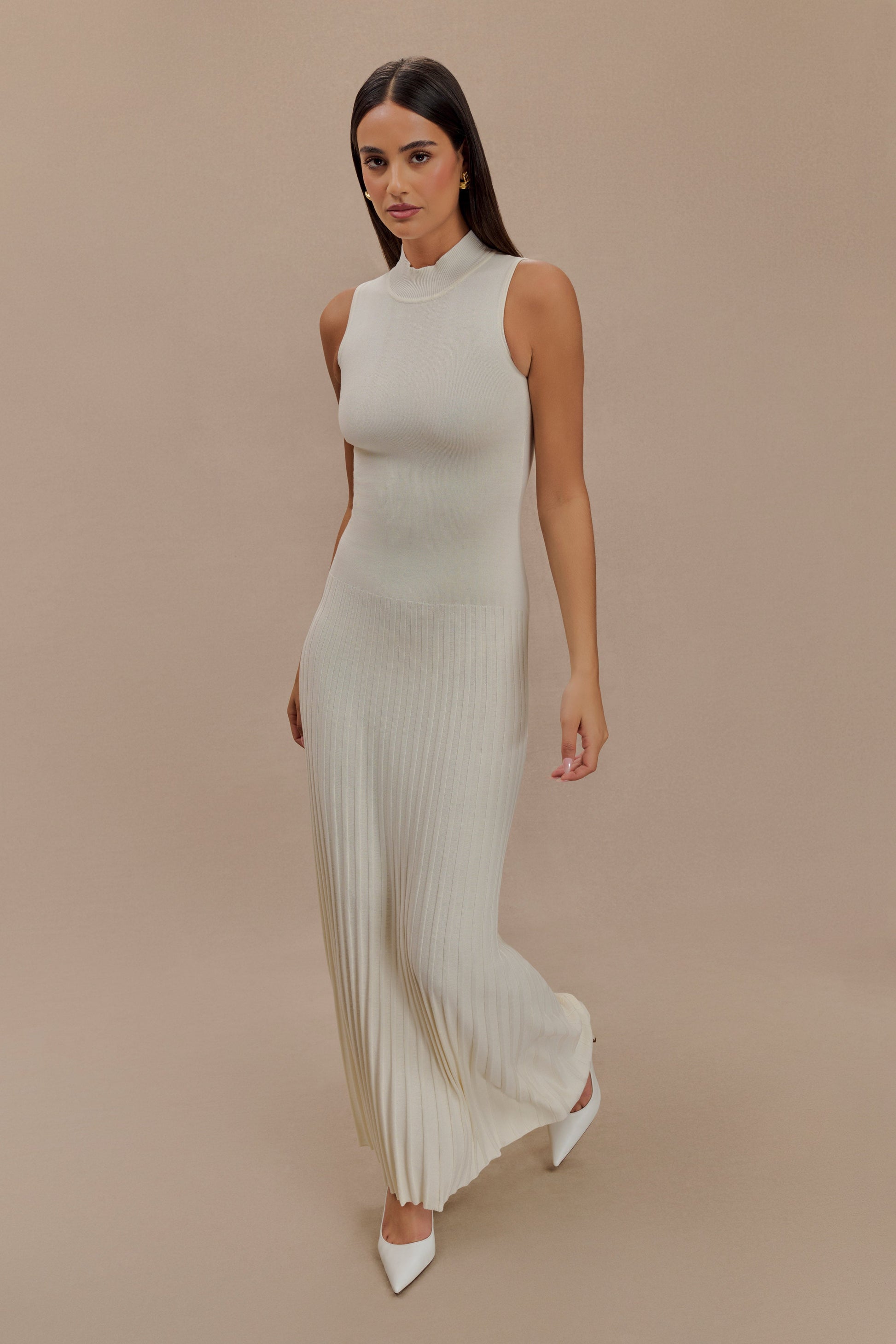Mavis High Neck Pleated Maxi Dress - Ivory #5