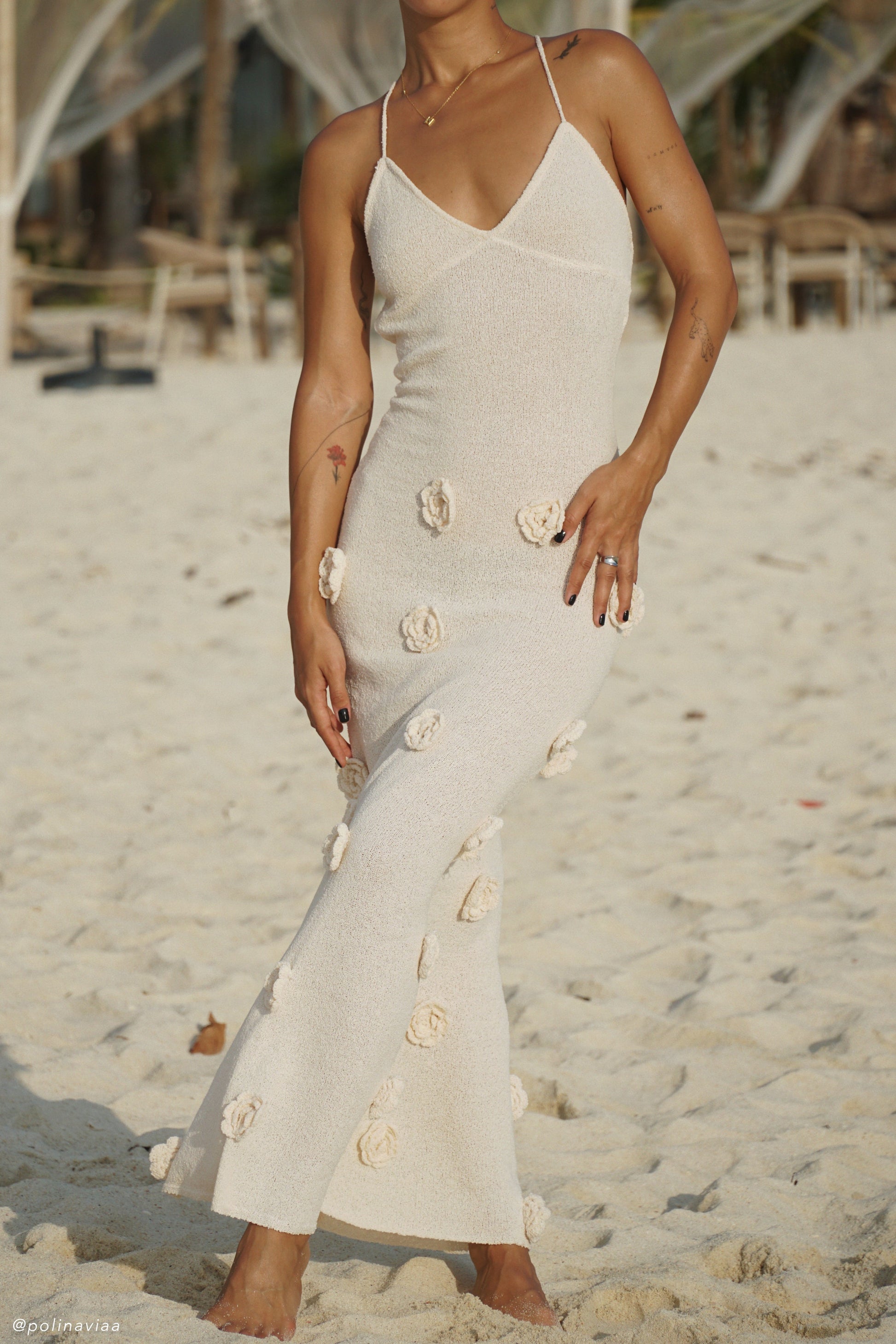 Suki Knit Maxi Dress With Flowers - Nude | MESHKI Suki Knit Maxi Dress With Flowers - Nude | MESHKI
