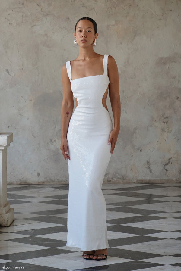 Adoria Sequin Cut Out Maxi Dress White MESHKI
