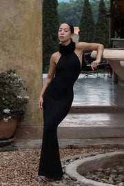 Elva Halter Knit Maxi Dress With Faux Fur - Black