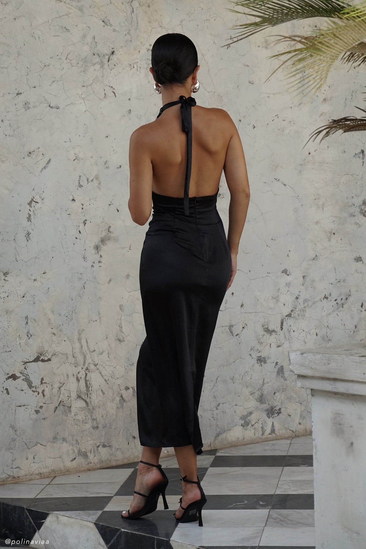Ebony Satin Midi Dress With Sequins - Black #4